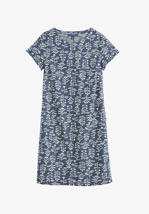 Sinise lühikeste varrukatega kleit valge lillemustriga, ümmargune kaelus ja põlveni ulatuv serv.