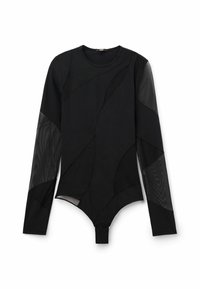 Černý body s dlouhým rukávem, kombinující texturované a síťované panely, s křivkovými vzory, kulatým výstřihem a patentkami v dolní části.