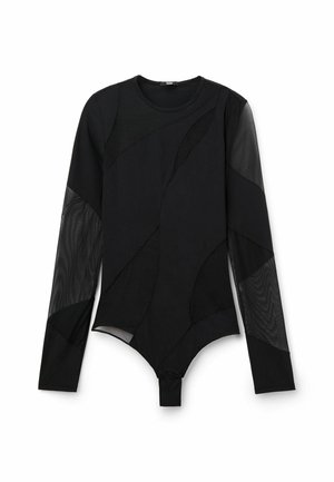 Czarny bodysuit z długim rękawem, wykonany z połączenia teksturowanych i siateczkowych paneli, z krzywymi wzorami, okrągłym dekoltem i zapięciem na napy na dole.