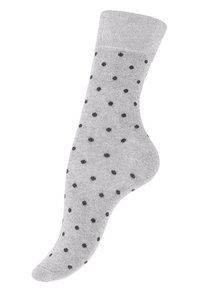 Grau Baumwollsocke mit glatter Textur, die ein Muster aus kleinen schwarzen Punkten aufweist, die gleichmäßig verteilt sind.