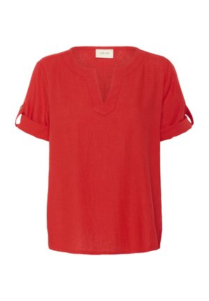 Rote Leinenbluse mit V-Ausschnitt und umgeschlagenen Kurzärmeln, die einen lässigen Schnitt und eine glatte Textur aufweist. Mit einem dezenten Markenlabel akzentuiert.