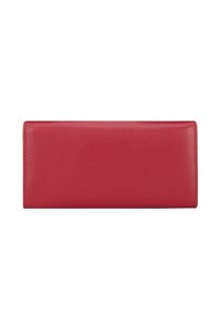 Portafoglio in pelle rossa con una texture liscia e forma rettangolare. Presenta bordi cuciti e un design minimalista senza hardware visibile.
