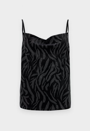 Fekete felső, fényes felülettel, textúrált, absztrakt zebra mintával, kontrasztos szürke színben. Állítható vékony pántokkal.