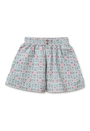 Weiße Shorts mit elastischem Bund, zwei braunen Knöpfen und einem symmetrischen Blumenmuster in Blaugrün und Rosa.