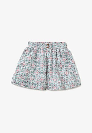 Weiße Shorts mit elastischem Bund, zwei braunen Knöpfen und einem symmetrischen Blumenmuster in Blaugrün und Rosa.
