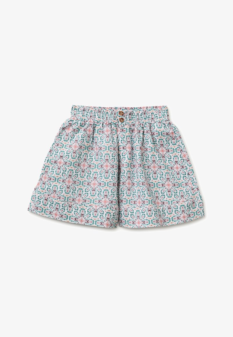 Weiße Shorts mit elastischem Bund, zwei braunen Knöpfen und einem symmetrischen Blumenmuster in Blaugrün und Rosa.
