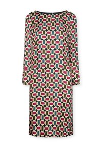 Mehrfarbiges Kleid mit geometrischem Muster aus beigen, rosa, grünen und blauen Formen. Kurze Ärmel und runder Ausschnitt.