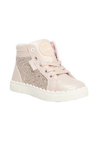 Sneakers rosa alte in pelle e tessuto glitterato, con punta arrotondata, chiusura con lacci e suola in gomma smerlata.