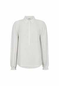 Weiße Bluse mit klassischem Kragen, geknöpfter Leiste und langen puffigen Ärmeln mit gerafften Bündchen. Weicher Stoff und lockere Passform.