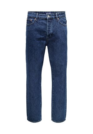 Jean en denim bleu foncé avec une coupe droite, design à cinq poches, fermeture à bouton métallique et accents brodés. Vêtements décontractés classiques.