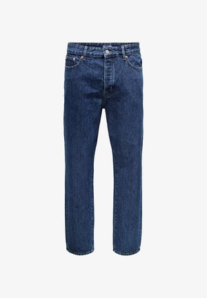 Jeans in denim blu scuro con taglio dritto, design a cinque tasche, chiusura con bottone metallico e dettagli cuciti. Abbigliamento casual classico.