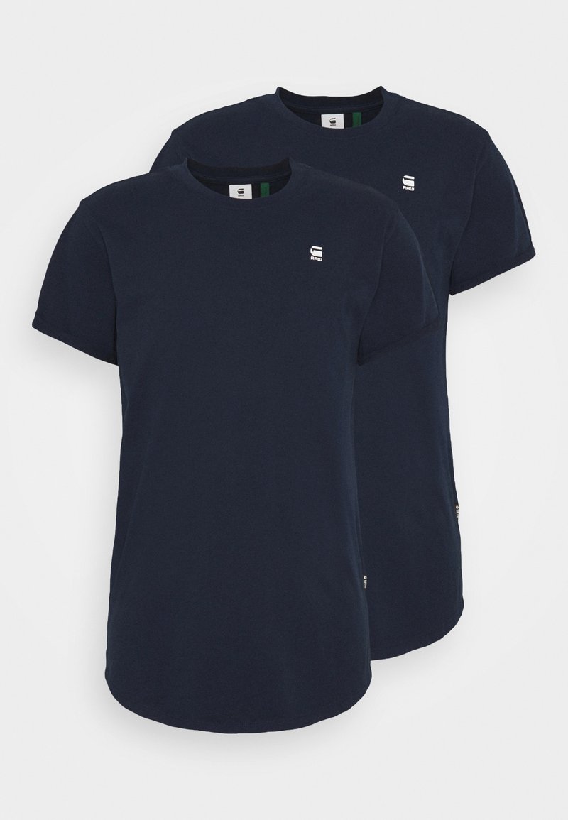 Dunkelblaue Baumwoll-T-Shirts mit kurzen Ärmeln, Rundhalsausschnitt und einem dezent gestickten Logo auf der Brust; Design mit abgerundetem Saum.