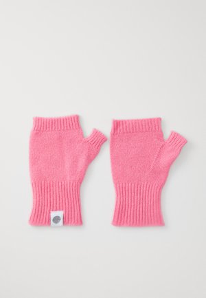 Rosa fingerløse hansker laget av strikket stoff med ribbestrikkede mansjetter. Har en liten logo-merke på håndleddsområdet.