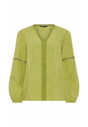 Lichtgroene blouse met lange mouwen en V-hals, decoratieve verticale stiksels, kantafwerking aan de halslijn en mouwen, en elastische manchetten.