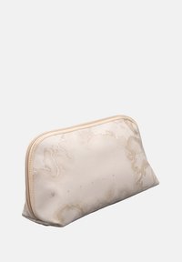 Borsa cosmetica color crema con un delicato motivo a mappa, chiusura con zip e una texture liscia, presenta bordi arrotondati e una base piatta.