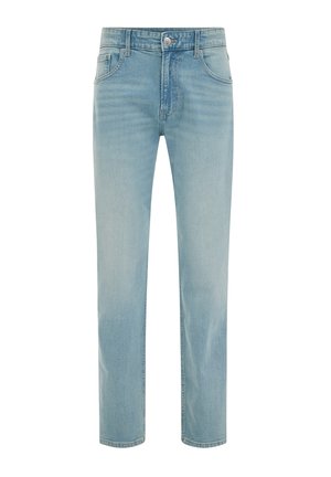 Jasnoniebieskie dżinsy denimowe o prostym kroju, z pięcioma kieszeniami i zapięciem na guziki. Materiał ukazuje subtelne wyblaknięcia i fakturę.