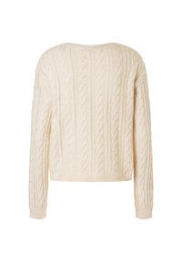 Cremfarbener Zopfstrickpullover mit rundem Halsausschnitt und langen Ärmeln. Besitzt strukturierte Muster und einen cropped Saum. Aus weichem Wollmischmaterial.