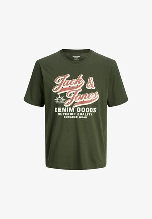 Olijfgroene katoenen t-shirt met ronde hals, korte mouwen en witte/rode grafische tekst: "Jack & Jones Denim Goods Superior Quality Durable Wear."