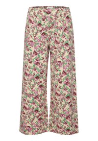 Pantalons larges fleuris en beige crémeux, ornés de fleurs roses et vertes avec une texture douce. Taille mi-haute et coupe longue.