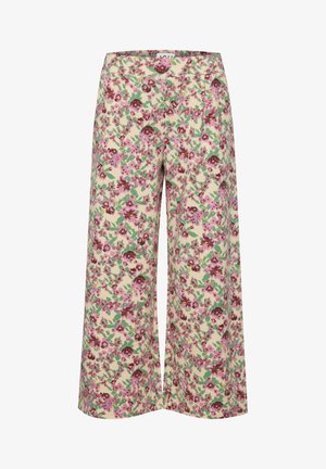 Kreemjas beežis lilleline laiad püksid, millel on roosa ja rohelise lilledega pehme tekstuur. Keskmise kõrgusega talje ja täispikk lõige.