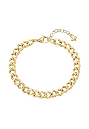 Pulsera de cadena de oro con eslabones ovalados y cierre de langosta, con una cadena de extensión ajustable que termina en un pequeño colgante de corazón dorado.