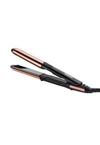 Lisseur de cheveux en céramique noir avec des accents en or rose, au design fin, boutons de contrôle de température, et un long cordon d'alimentation.