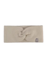 Knit headband in light beige with a front knot design and a textured surface. Features a small logo tag on one side.