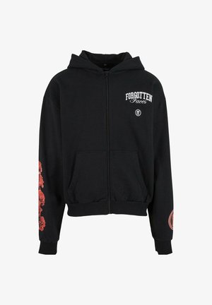 Black zip-up hoodie featuring a front pocket, floral print on one sleeve, and "FORGOTTEN FACES" text logo on the chest. Soft material.