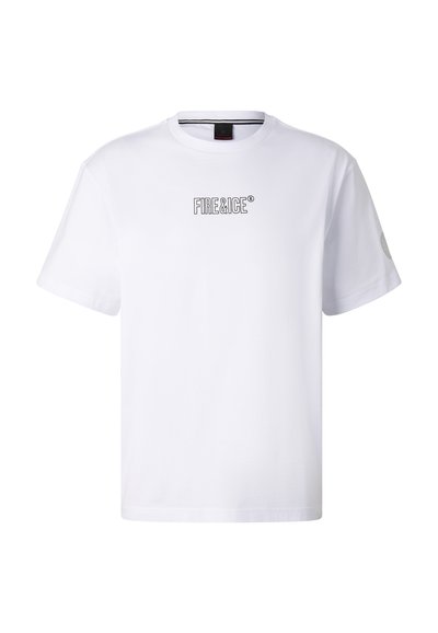 T-shirt blanc à manches courtes avec col rond, logo texte "FIRE & ICE" en noir centré sur la poitrine.