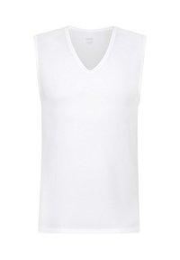Witte mouwloze V-hals top gemaakt van gestructureerde stof. Heeft een normale pasvorm met strakke randen en geen extra patronen of accenten.