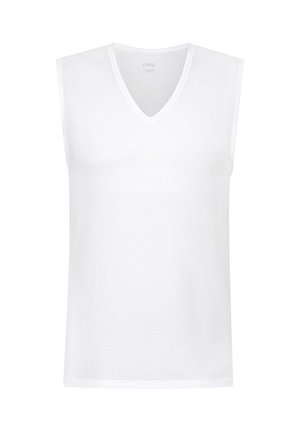 Witte mouwloze V-hals top gemaakt van gestructureerde stof. Heeft een normale pasvorm met strakke randen en geen extra patronen of accenten.