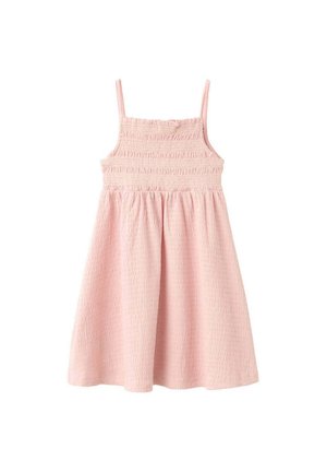 Robe rose clair sans manches avec corsage smocké et jupe froncée, conçue pour un enfant.