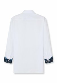 Weißes Langarmhemd mit marineblauen Blumenmustern an den Bündchen, einem Knopfdetail am Handgelenk und einem klassischen Kragen.