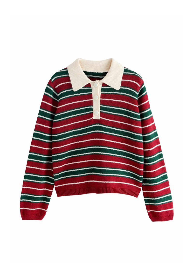 Pull à manches longues avec des rayures horizontales rouges, vertes et blanches, avec un col blanc et trois boutons blancs au niveau du cou.