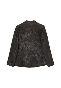 Blazer nero con un motivo testurizzato e ondulato. Presenta una vestibilità su misura e rever a punto, con una finitura in tessuto liscia e lucida.