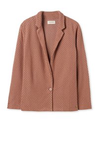 Texturovaná, světle růžová blazer s klopovým límcem, zapínáním na jeden knoflík a tkaným vzorem. Dlouhé rukávy zdůrazňují jeho přizpůsobený design.