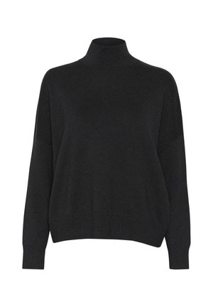 Black turtleneck sweater made from soft fabric, featuring a loose fit, dropped shoulder seams, and ribbed cuffs at the wrists and hem.