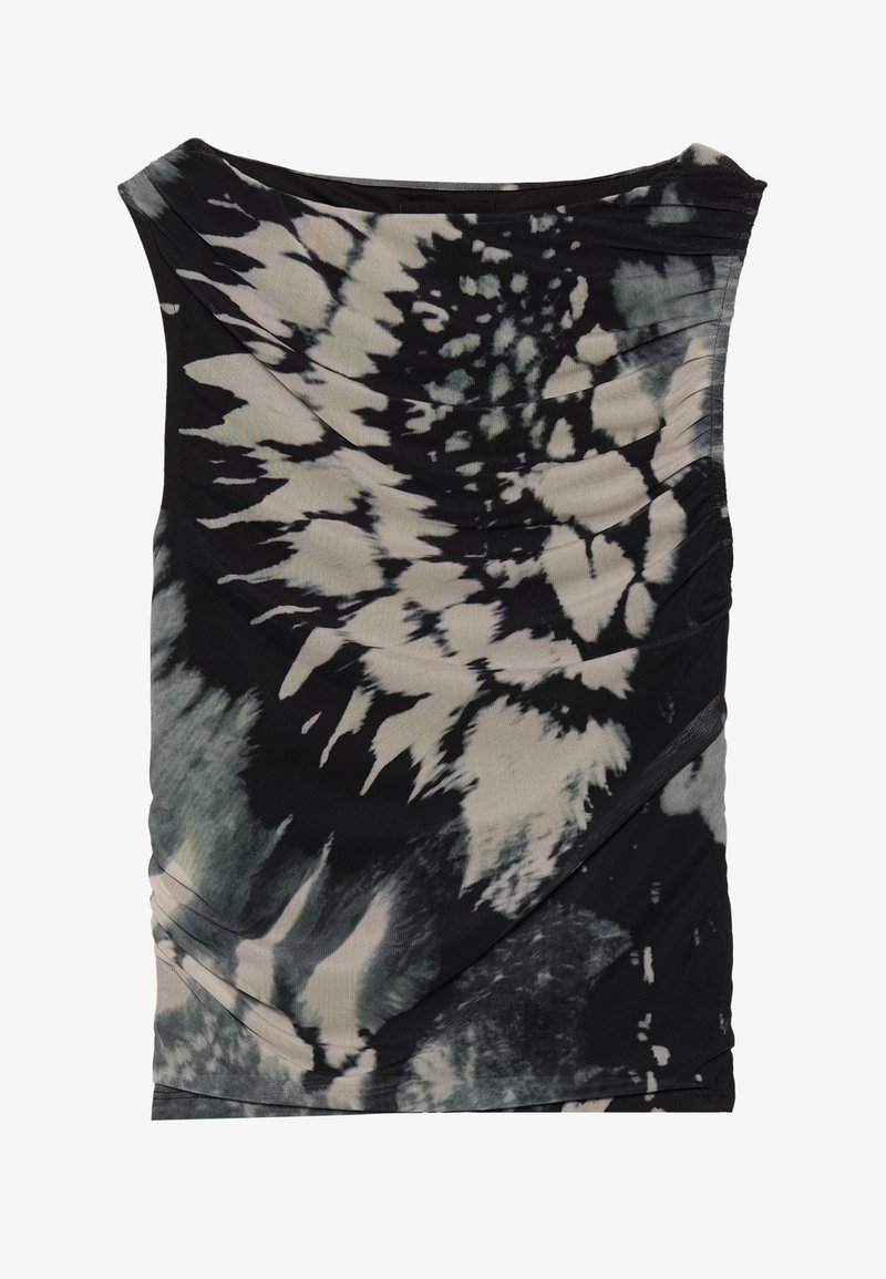 Μαύρη και κρεμ αμάνικη τοπ με σχέδιο tie-dye, με ντεκολτέ που πέφτει και υφή υφάσματος, περιλαμβάνοντας διαγώνια ρίχα και ποικιλία σχεδίων.