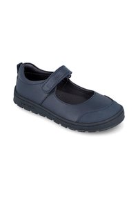 Zapato Mary Jane de color azul marino con correa ajustable de Velcro, puntera redondeada, suela acolchada y nombre de la marca grabado en la correa y la suela.