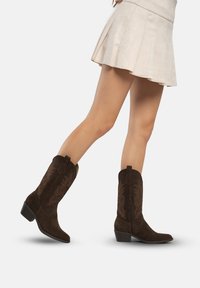 Botas de cowboy de ante marrón con costuras decorativas, punta afilada y tacón bajo. Con cremallera lateral para facilitar su uso.