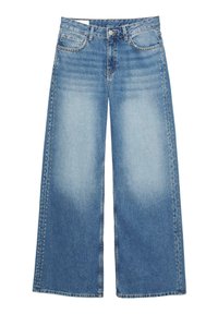 Blugi largi de culoare bleu deschis din denim. Prezintă un talie înaltă, buzunare frontale și cu studuri decorative pe cusăturile exterioare.
