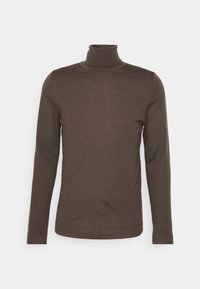 Maglione a collo alto marrone realizzato in tessuto a costine, con maniche lunghe e silhouette aderente, caratterizzato da una superficie liscia e un design minimale.