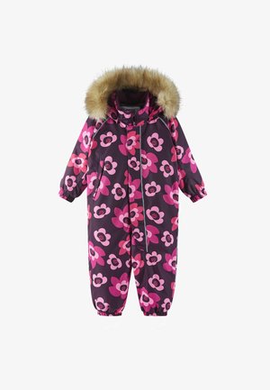 Purple snowsuit with large pink floral pattern, faux fur hood, elastic cuffs, front zipper, and two side pockets.