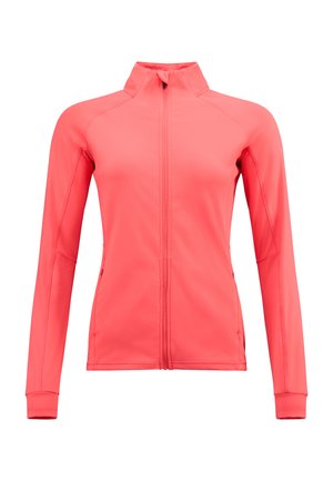 Giacca sportiva rosa con colletto alto, zip frontale completa e maniche lunghe. Realizzata in un tessuto liscio e stretch con polsini aderenti.