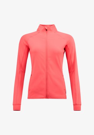 Giacca sportiva rosa con colletto alto, zip frontale completa e maniche lunghe. Realizzata in un tessuto liscio e stretch con polsini aderenti.