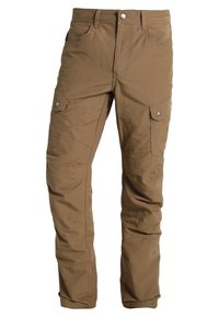 Brown cargo pants made of durable fabric, featuring two front pockets, two side pockets with flaps, and a straight-leg design.