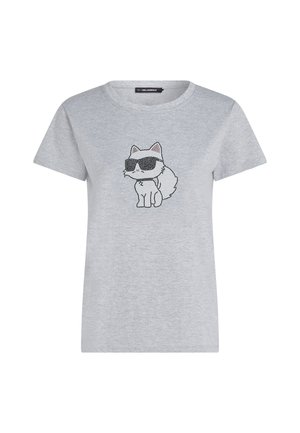 T-shirt in cotone grigio con un gatto cartone animato con occhiali da sole, posizionato centralmente, con scollatura rotonda e maniche corte.