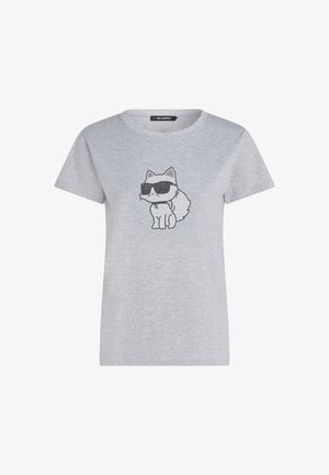 Hallide hallist puuvillane t-särk, millel on keskel kujutatud lainelise kassiga, kes kannab prille, ümmargune kaelus ja lühikesed varrukad.