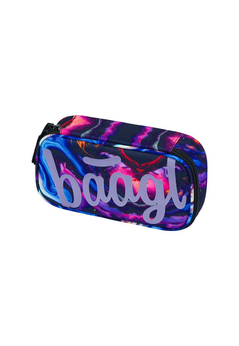 Astuccio nero e blu con vivaci motivi a spirale viola e rosa, dotato di un logo grigio prominente sul fronte e di una chiusura con zip.