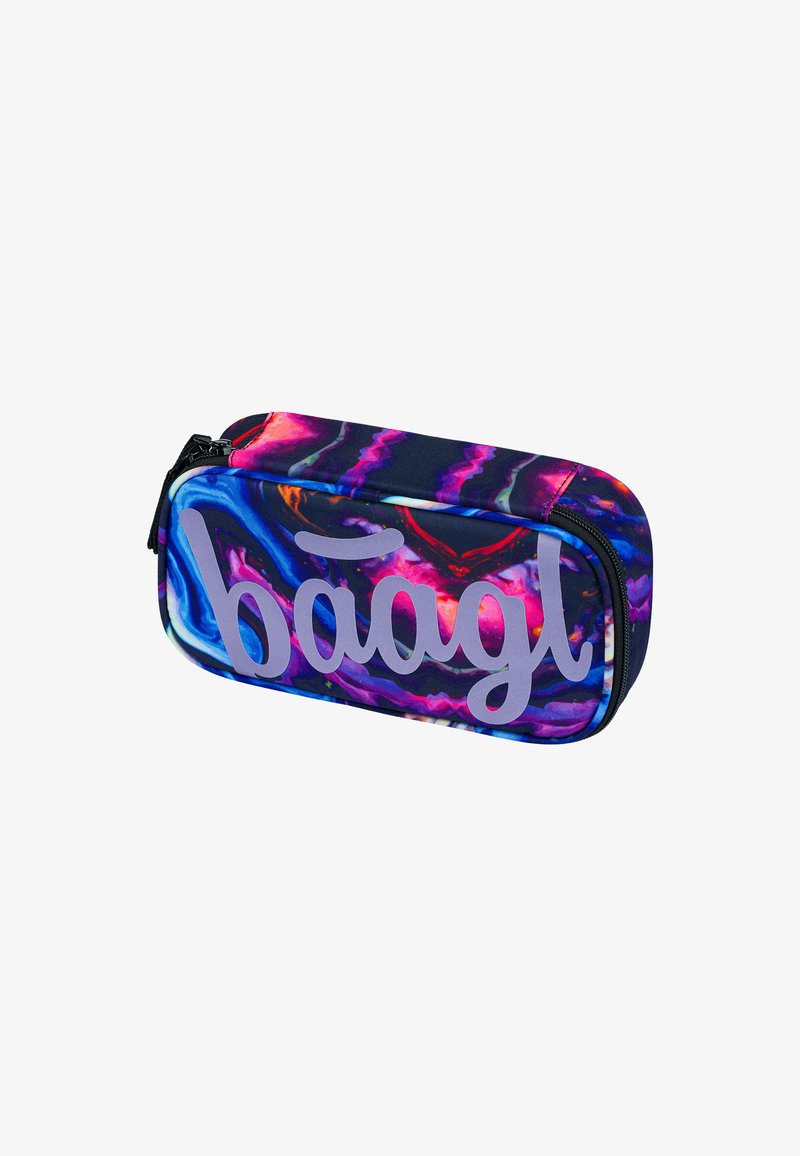 Astuccio nero e blu con vivaci motivi a spirale viola e rosa, dotato di un logo grigio prominente sul fronte e di una chiusura con zip.